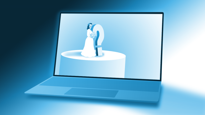 A bride next to a question mark on top of a wedding cake, displayed on a laptop screen.