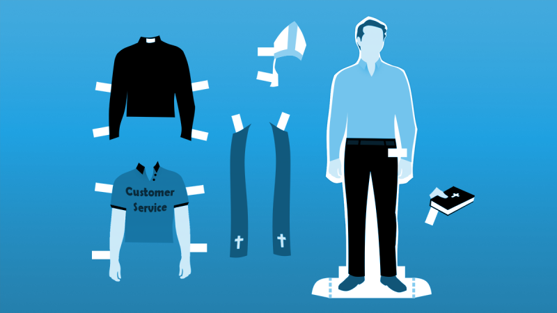 A paper doll with vestments and a customer service shirt