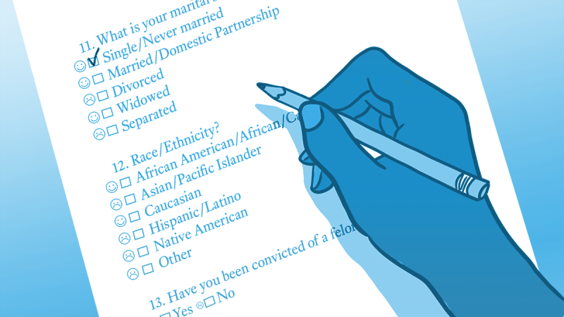 A hand filling out an employment application with smiley and frowney faces next to various choices.