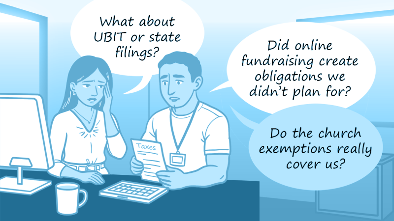 Man and woman going over nonprofit taxes at a desk.