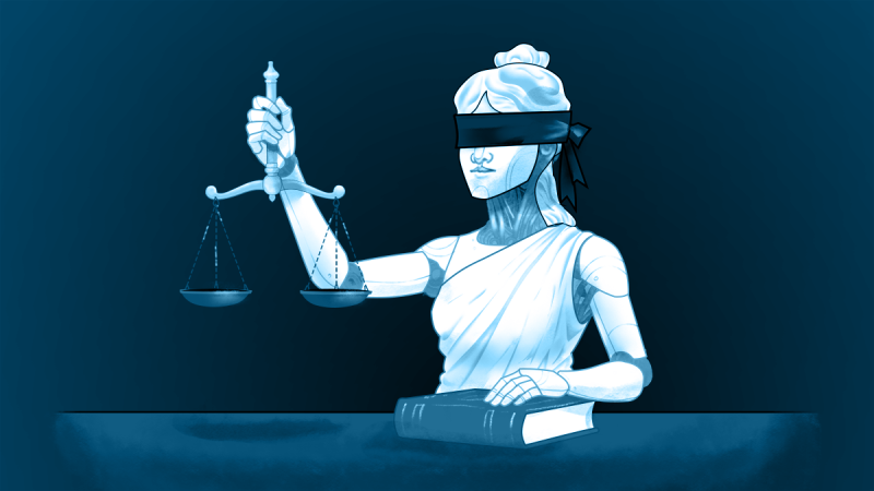 A robot who looks like "justice is blind"