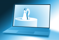A bride next to a question mark on top of a wedding cake, displayed on a laptop screen.