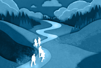 People walking along a path that slopes gradually uphill