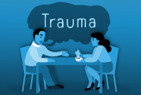 A pair of people having an interview with the word "trauma" in a speech bubble