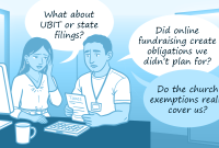 Man and woman going over nonprofit taxes at a desk.