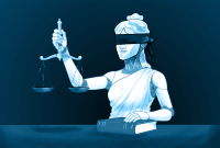 A robot who looks like "justice is blind"