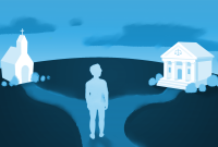 A man choosing between a path to a church and a path to a courthouse